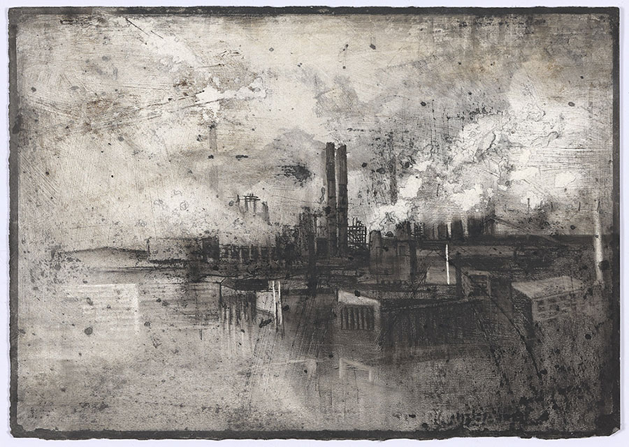 Factory Skyline,2019,charcoal and wash on distressed fabriano paper,50x35cm.