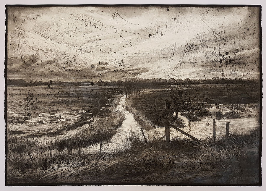 Void Pastoral Series, Brook's Wetlands, 2016, charcoal and wash on distressed fabriano paper, 70x50cm, private collection.