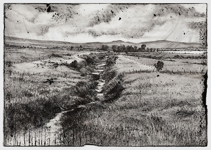 Void Pastoral Series, Seymour's Bog, 2018, charcoal and wash on distressed fabriano paper, 70x50cm, private collection.